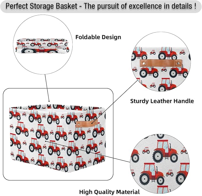 Red Tractor Rectangle Storage Basket Truck Car Foldable Storage Bin Cubes with Handles Large Organizer Bins Boxes Toy Closet Shelf Nursery Laundry Basket Home Decor