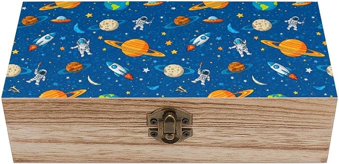 Wooden Keepsake Box for Letter Photo Gift Boxes with Hinged Lid, Space Cute | Astronaut Planets Blue Jewellery Organizer, Small Memory Storage Boxes, Holiday Party Favor Decor, 9.2x5.5x3.9 Inch