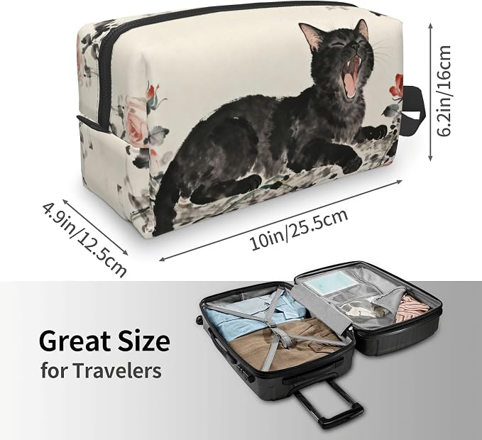 Yawning Black Cat Roses Makeup Bag - Durable 600D Oxford Fabric Travel Cosmetic Bag, Shockproof Foam Padded Toiletry Organizer for Gym & Daily Use 10x6.2x4.9 Inch