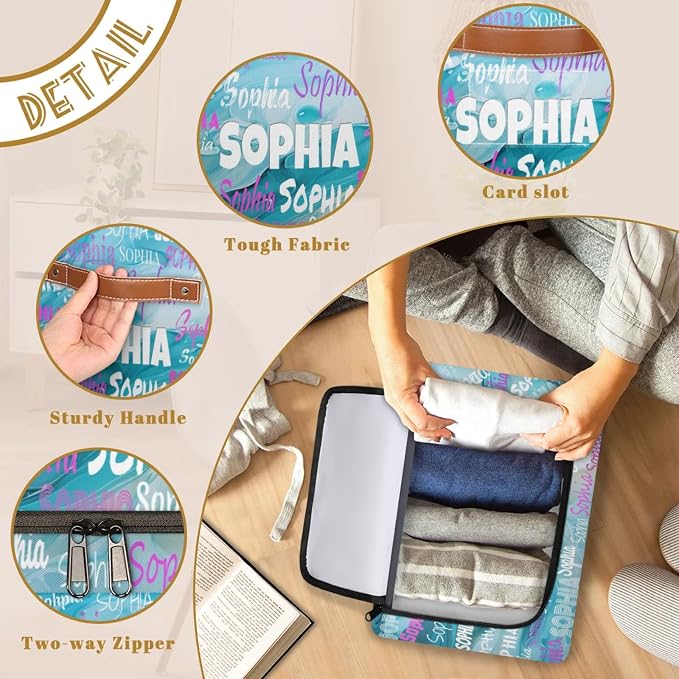 Personalized Name Storage Basket with Zipper Lid, Canvas Storage Bins Toys Clothes Organizer for Bedroom, Kitchen, Bathroom, Nursery, Shelves, Closets, Water Blue Background