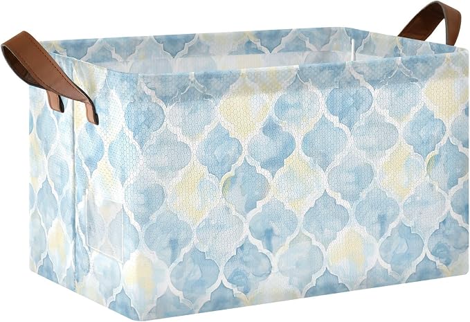 Light Blue Yellow Moroccan Tile Storage Bins for Shelves with Labels&Handles Fabric Organizer Bin Foldable Rectangle Storage Basket Boxes for Closet, Bathroom, Home, Living Room