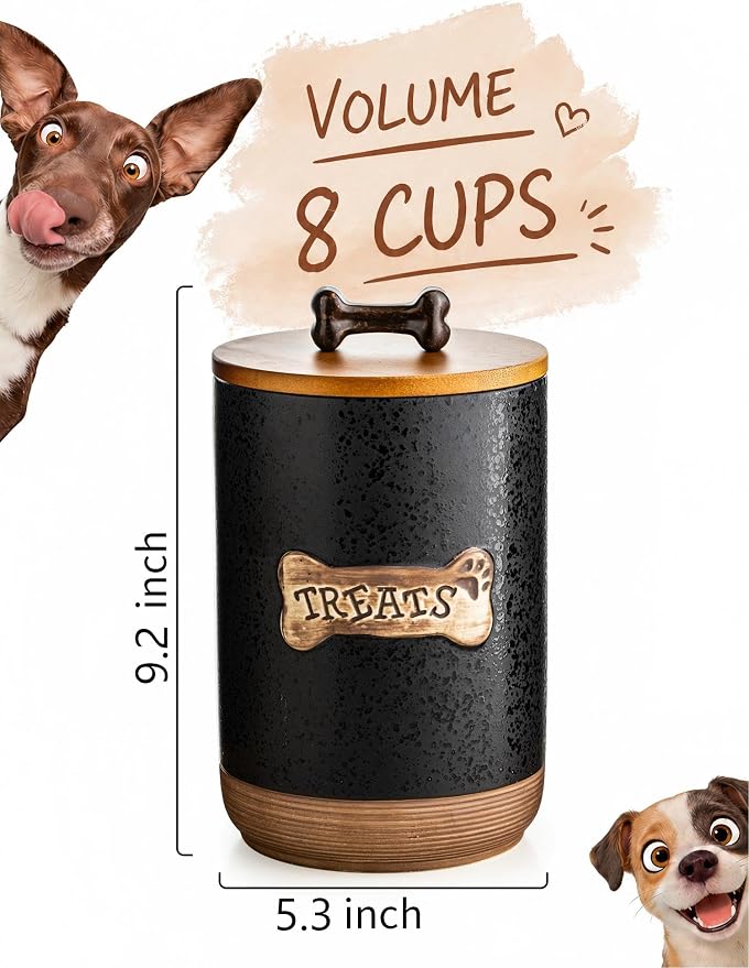 Miamolo Dog Treat Container Jar with Airtight Lid, Keep the Pet Treat Fresh | Ceramic, Cast-iron Handle | Dog Food Storage Canister for Cookie Snack, Kitchen Counter, Dog Lovers Gift, Bone Glinting Black