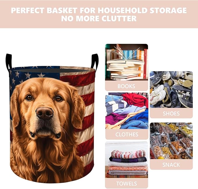 Patriotic Golden Retriever Laundry Basket Hamper 19.7"x15.8", Organizer Bins Gifts for Kids Boys Girls, American Flag Foldable Waterproof Oxford Clothes Storage Bucket for Bedroom Bathroom Decor