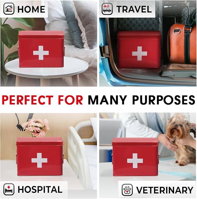 Plexon 8.5" Metal First Aid Box Empty, Medicine Storage Bin with Lid, Emergency Supplies Organizer, Portable First Aid Kit Case, Red