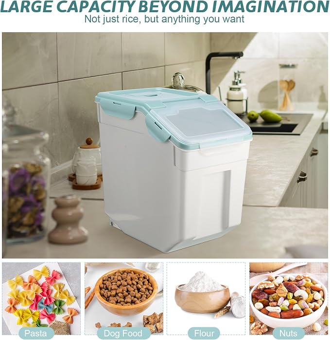 Sunnyray 6 Pcs 55 Lbs Flour Storage Container Bin,Rice Storage Containers with Wheels Seal Locking Lid, BPA Free with Measuring Cup Scoop for Rice Grain Pet Food Flour (Blue)