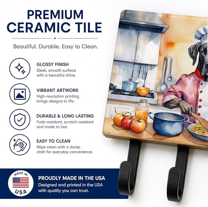 Caroline's Treasures Great Dane The Chef Leash or Key Holder Wall Hooks, Key Hooks Holder, Coat Rack Wall Mount, Coat Hooks, Hooks for Hanging Keys, Towels, Aprons, Leashes | Great Dane The Chef artwork on ceramic tile with three steel hooks for keys, ...