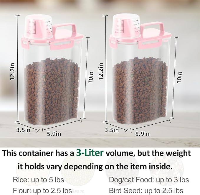 2 Pack 3 Lbs Pet Dog Cat Food Bird Seed Storage Containers for Travel -Pink | Airtight 5 Lbs Rice Dispenser Flour Container Keep Fresh Portable Cereal Oatmeal Holder Large Pour Spout Measuring Cup Handle