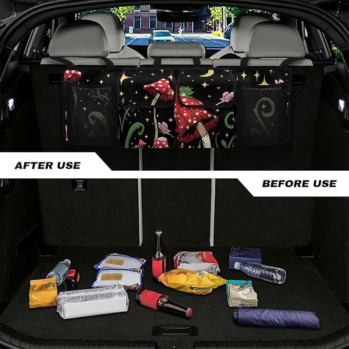 Dreaweet Mushroom Trunk Organizer for Car Women Cute Car Storage Accessories Interior Portable Collapsible Trunk Organizer for SUV Sedan Back Seat Hanging Organizer with 4 Pockets 3 Adjustable Straps
