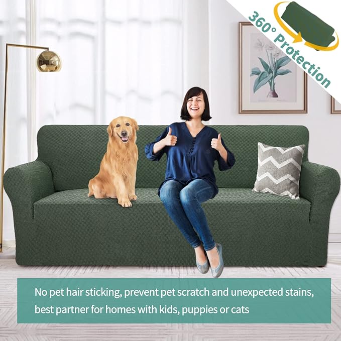 YEMYHOM Couch Cover Latest Jacquard Design High Stretch Sofa Covers for 3 Cushion Couch, Pet Dog Cat Proof Slipcover Non Slip Magic Elastic Furniture Protector (Large, Army Green)