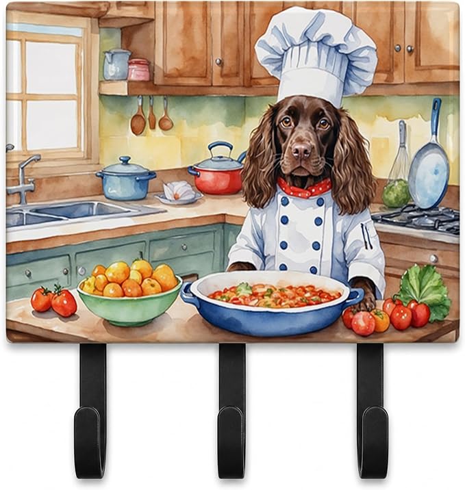 Caroline's Treasures Boykin Spaniel The Chef Leash or Key Holder Wall Hooks, Key Hooks Holder, Coat Rack Wall Mount, Coat Hooks, Hooks for Hanging Keys, Towels, Aprons, Leashes | Boykin Spaniel The Chef artwork on ceramic tile with three steel hooks fo...
