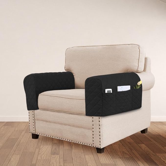 1 Pair Armrest Cover Sofa Armrest Covers with Pockets Organizer Waterproof Slipcover Couch Protector Removable Washable Non Slip Suitable for Living, Black