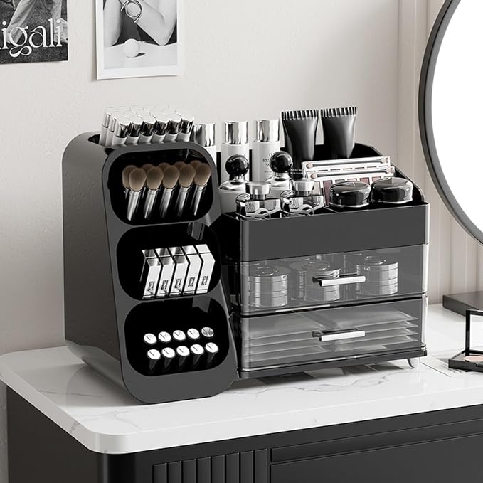 Makeup Organizer with Drawers, Large Capacity Countertop Organizers for Vanity,Bathroom and Bedroom Desk Cosmetics Organizer,Easy To Storage Skincare,Brushes,Lotions,Lipstick (Black)