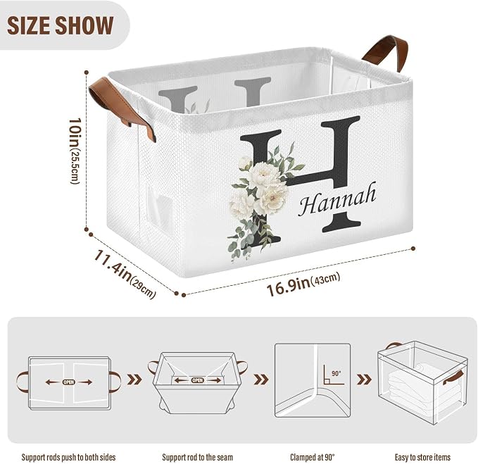 Personalized Storage Basket with Handles&Clear Labels Folding Laundry Basket Floral Custom Name Basket Collapsible Cubes Organizer Bins for Home Wedding Gifts Kids Room Shelf Closet, 2 Pack