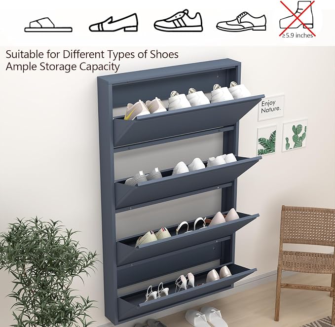 GREATMEET Shoe Cabinet with 4 Flip Drawers, Slim Metal Shoe Cabinet Storage for Entryway, Hidden Narrow Shoe Rack Organizer Cabinets Wall Mount for Living Room, Bedroom, Hallway, Blue