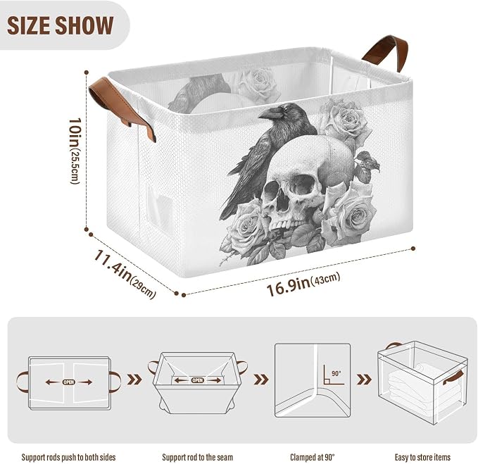 Crow Roses and Gothic Skull Storage Basket Foldable Cube Storage Bins with Handles&Label Waterproof Collapsible Organizer Box Bin Large Rectangle Decorative Baskets for Shelves Home Room Laundry, 2 PC