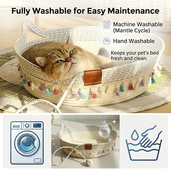 Cat Bed Basket with Soft Cushion & Play Ball - Cotton Rope Cat Beds for Indoor Cats, Kittens & Medium and Large Cat - Durable Handwoven Cat Scratching Bed with Decorative Tassels, All Season Universal