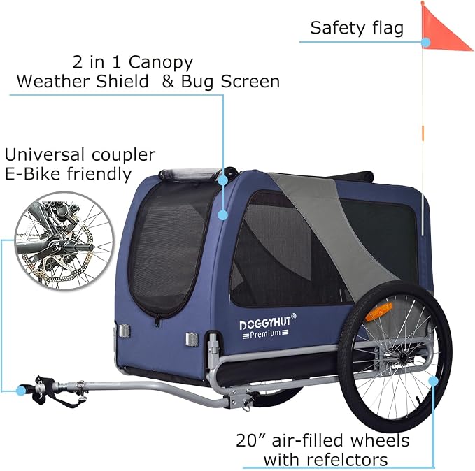 DOGGYHUT® Premium X Large Pet Bike Trailer Up to 100 lbs (Blue) | Bicycle Trailer for Small Medium or Large Dogs, Dog Bicycle Carrier, Low Center of Gravity, Folding Frame Cart
