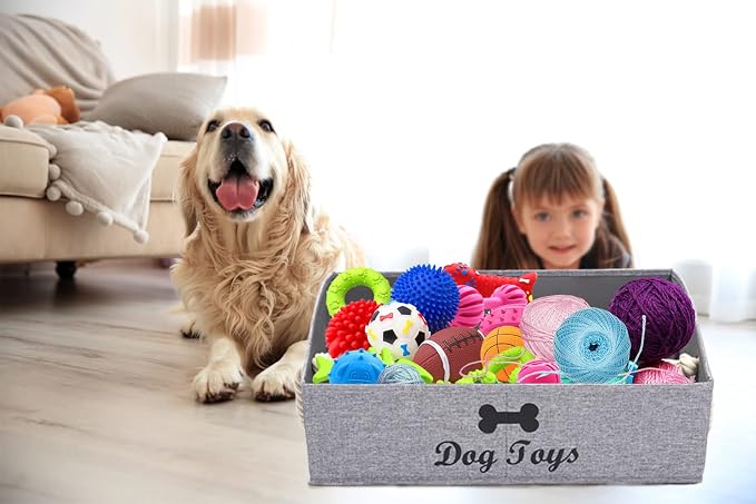 Large Dog Toys Storage Bins-Foldable Fabric Trapezoid Organizer Boxes with weave Rope Handle,Collapsible Basket for Shelves(Snow Grey-DOG)
