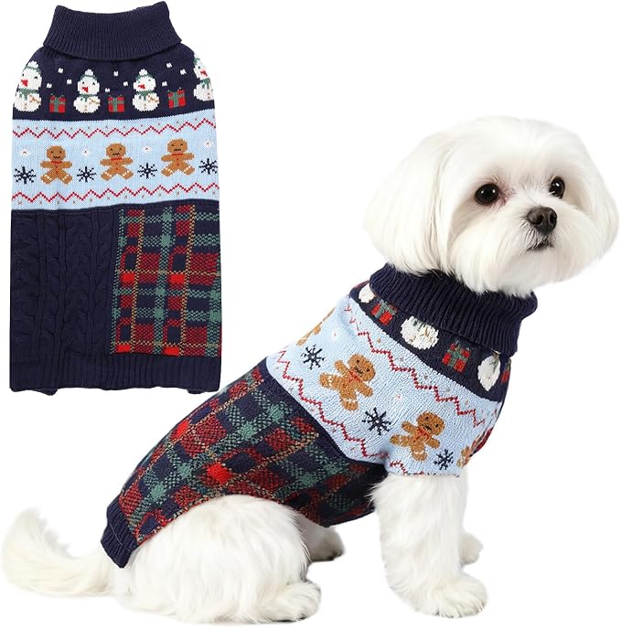 Dog Christmas Sweater Puppy Soft Holiday Xmas Clothes Pet Gingerbread Man Outfit for Small Medium Dogs and Cats Classic Argyle Turtleneck Knitwear (Navy Blue, XX-Large)