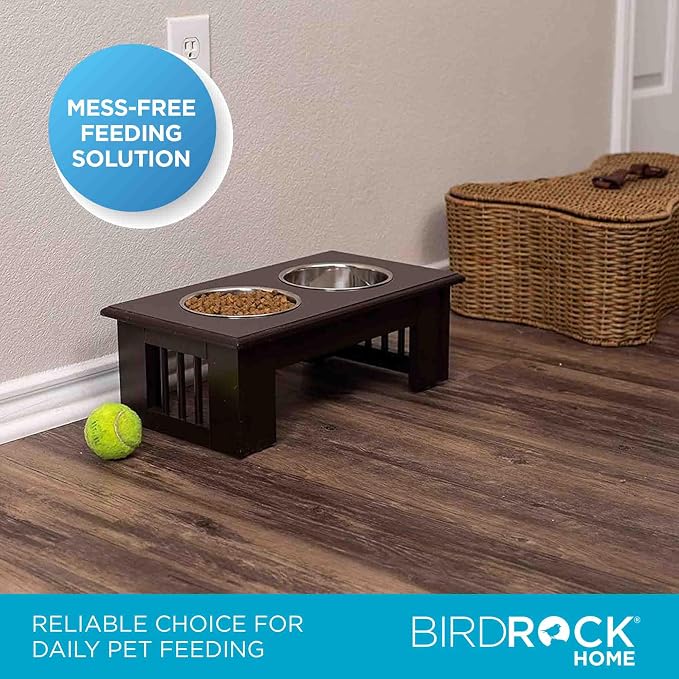 INTERNET'S BEST Traditional Elevated Pet Feeder - Raised Dog Food and Water Stand with Stainless Steel Bowls - Adjustable for Small to Medium Breeds - Pet Feeding Station - Espresso - Small