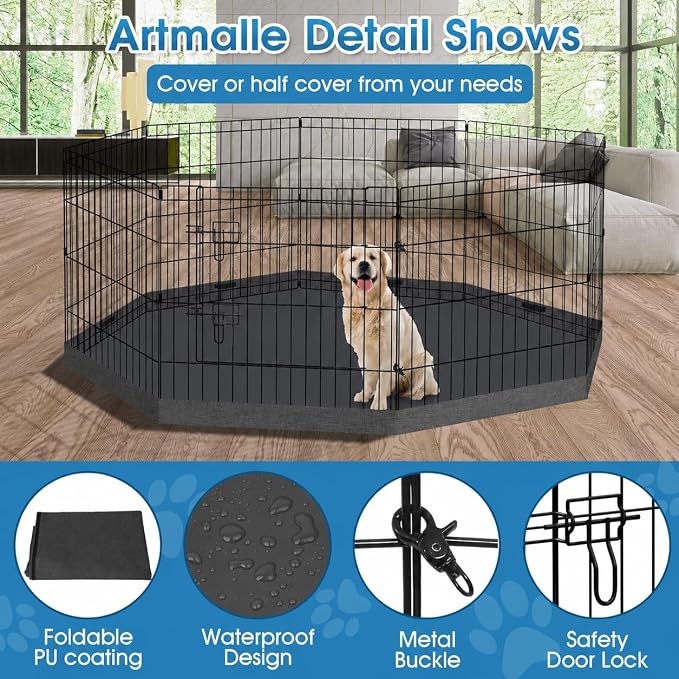 Artmalle 24-Inch Dog Playpen with Bottom Pad, 8-Panel Rustproof Fence | Eight 24"W x 24"H rustproof metal panels with waterproof 600D Oxford octagonal bottom pad for indoor, outdoor and RV use.