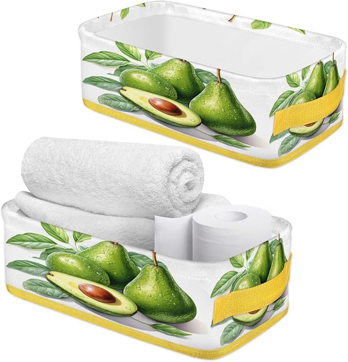 Green Avocado Pattern Bathroom Storage Basket Waterproof Foldable Storage Bins with Handles Decorative Toilet Paper Storage Basket for Organizing for House Bathroom Toiletries