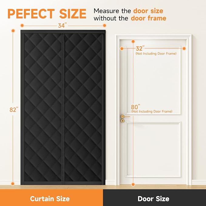 Magnetic Thermal Insulated Door Curtain for Winter Fits Door Size 32" x 80", Temporary Thermal Door Cover for Cold with Thickened Cotton, Window Insulation Kit for Sliding Glass Doorways-Black