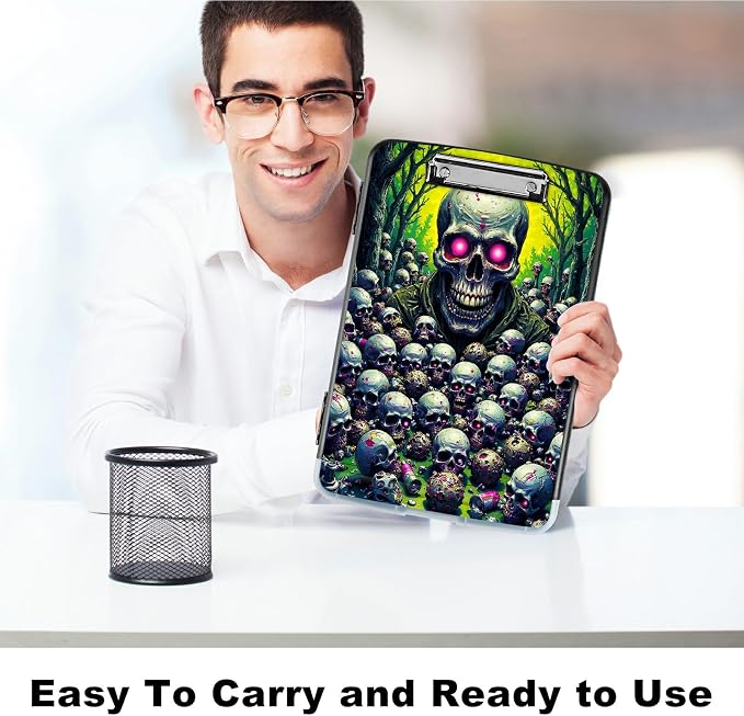 A4 Clipboard with Storage Pen Holder, Clipboards Organizer Nursing Clipboard Foldable File Folder Plastic Clipboard Folio Clip Board for Office Work Classroom Doctor, Forest Skull