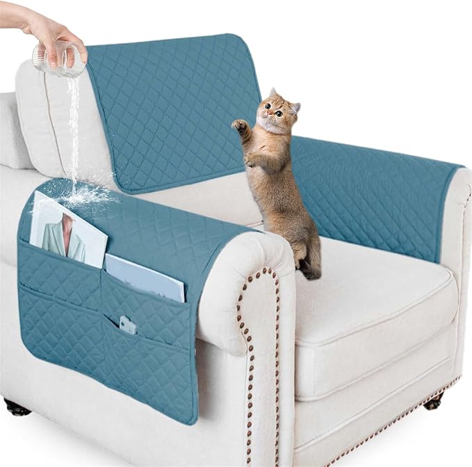 Large Polyester Armrest and Headrest Covers with 2 Pockets | Soft, smooth polyester resists daily wear nonslip silicone backing helps shield recliners and sofas from pet scratches