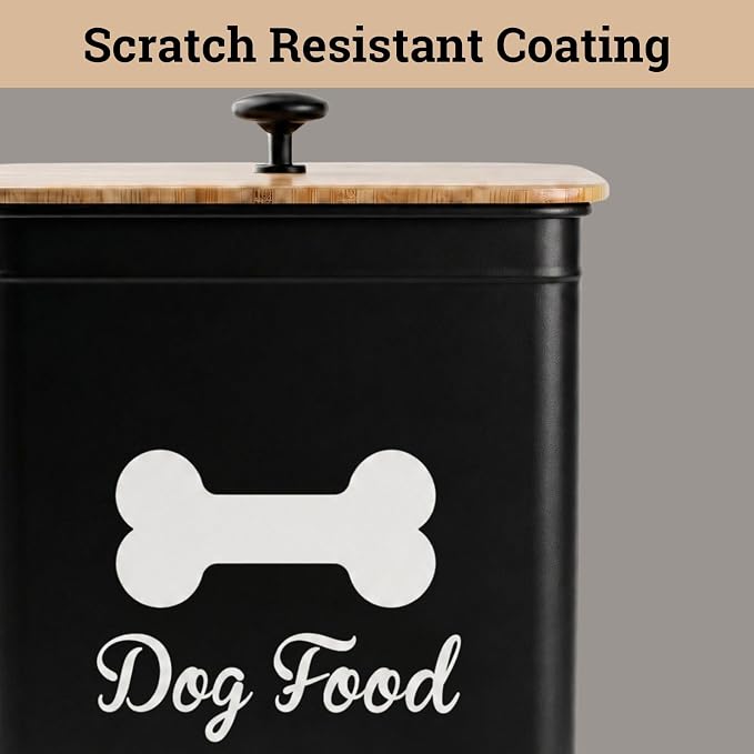Metal Dog Food Container 5-7lb, 25 Cup w/ Airtight Bamboo Lid, Metal Handle | Pet Jar For Dogs up to 50lbs, Airtight Bamboo Lid, Sturdy Comfortable Metal Handle, Powder Coated Iron, Kibble Storage Bin