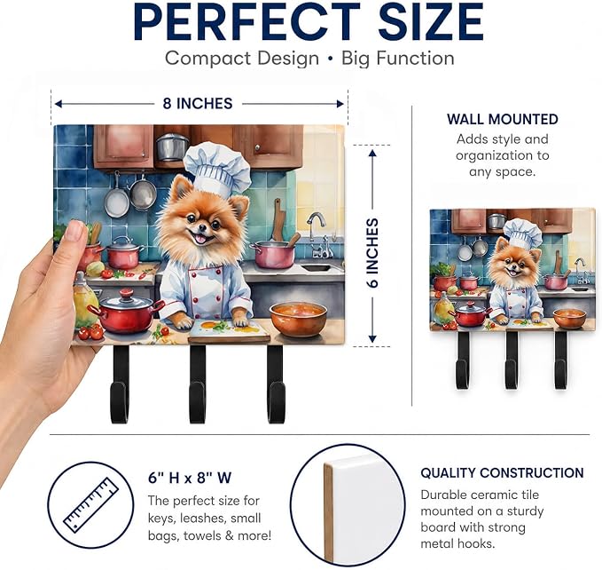 Caroline's Treasures Pomeranian The Chef Leash or Key Holder Wall Hooks, Key Hooks Holder, Coat Rack Wall Mount, Coat Hooks, Hooks for Hanging Keys, Towels, Aprons, Leashes | Pomeranian The Chef artwork on ceramic tile with three steel hooks for keys, ...