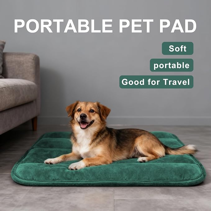 Dog Bed Mat, Reversible Dog Crate Pad with Washable Kennel Mat and Soft Foam, Flat Pet Bed for Dogs & Cats, for Crates Carriers & Travel (Green, 34" L*20" W*1.5" Th)