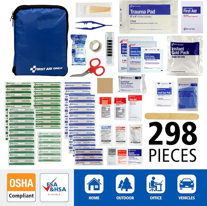 First Aid Only 298 Piece All-Purpose Emergency First Aid Kit for Home, Office, Car, Apartment, Dorm, and Camping, Travel-Friendly Compact Pouch Fits in Backpacks, Suitcases, Cabinets, and Drawers