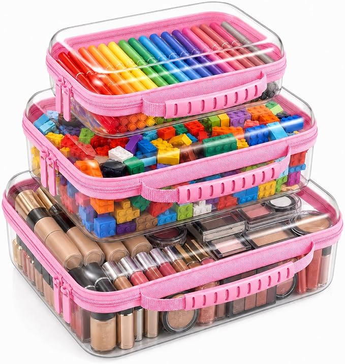 Clear Hard Shell Zipper Case 3PCS Set, 1.2mm PET Travel Organizer | Deep waterproof stackable storage pouches with handle. Heavy duty clear zipper bags for travel, makeup, toys and snacks
