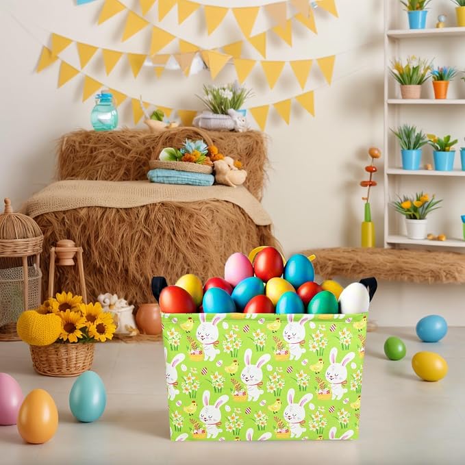 Large Empty Easter Basket for Kid Fabric Personalized Bunny Eggs Easter Gift Basket for Boy and Girl (Rabbit Chicken Green Bottom)