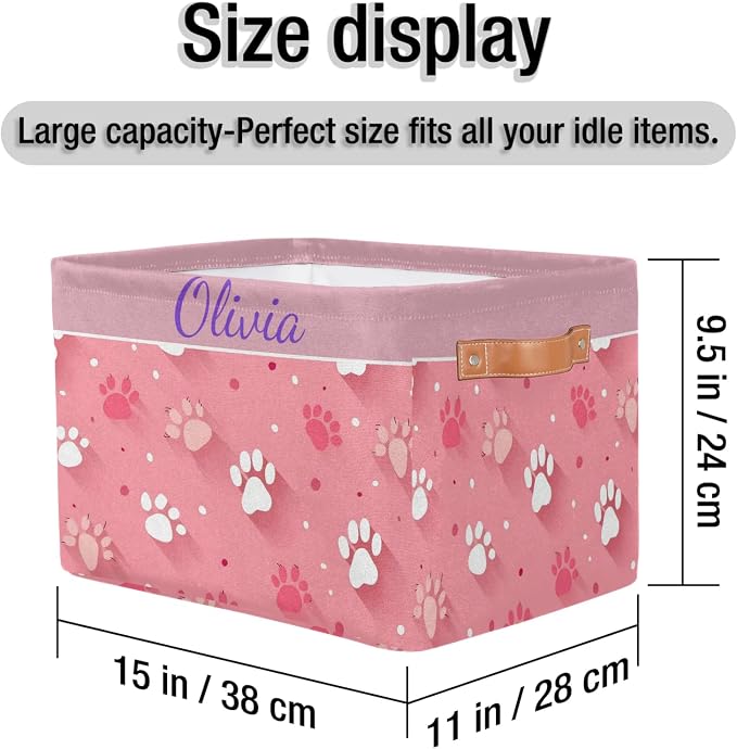 Personalized Name Storage Basket Handles for Girls, Canvas Storage Bins Toys Clothes Organizer for Bedroom, Kitchen, Bathroom, Nursery, Shelves, Closets, White Pink Dog Paw Print Pattern