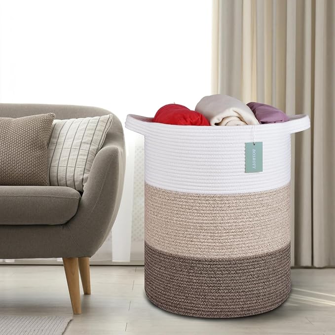 Cotton Rope Blanket Basket, 72L Laundry Hamper, White & Ombre Brown