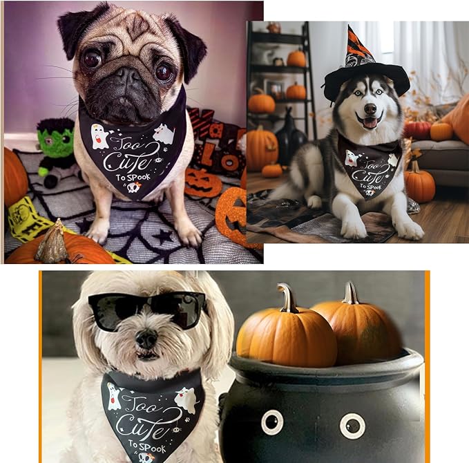 Halloween Dog Bandana, Too Cute to Spook Sign for Small Medium Pet