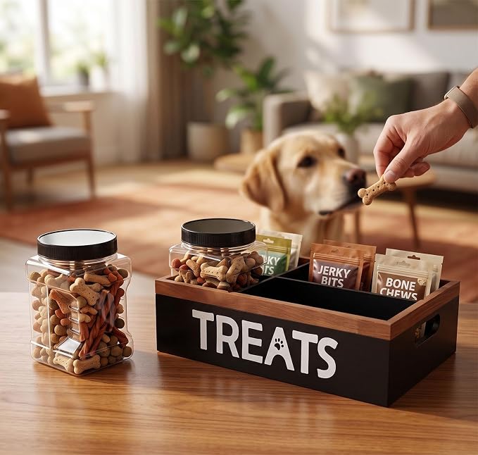 Pethiy Dog Treat Organizer Box with 2 Plastic Jars & Compartments | Wooden Pet Supplies Organizer for Countertop,Pet Treat Storage Box with Dividers pet treat storage with handle dog