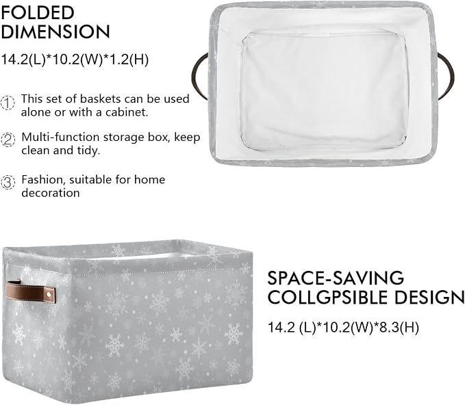 Wamika Winter Snowflake Gray Storage Basket with Waterproof Liner and PU Handles Christmas Snow Xmas Storage Bins Boxes 14.2" Collapsible Decorative Organizer Baskets for Bedroom Closet Office 1 Pack