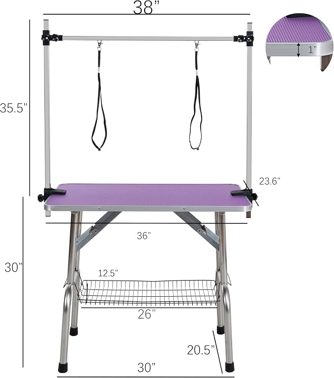 36" Pet Dog Grooming Table, Foldable Stainless Steel Frame Pet Grooming Table Up to 330lbs, Professional Drying Bathing Desk for Dogs at Home with Adjustable Overhead Arms, Noose, Mesh Tray, Purple