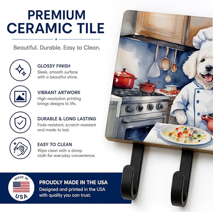 Caroline's Treasures Kuvasz The Chef Leash or Key Holder Wall Hooks, Key Hooks Holder, Coat Rack Wall Mount, Coat Hooks, Hooks for Hanging Keys, Towels, Aprons, Leashes | Kuvasz The Chef artwork on ceramic tile with three steel hooks for keys, leashes,...