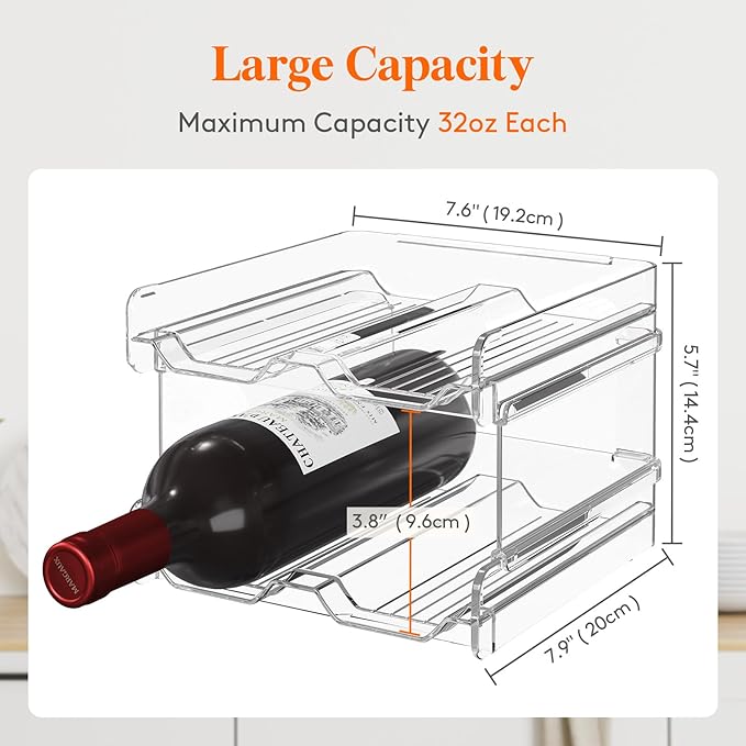 Lifewit Stackable Wine Rack for Cabinet, Plastic Refrigerator Wine Holder | Clear Water Bottle Storage Rack for Fridge Shelf, Tumbler Cup Organizer Holds 4 Bottles for Countertop, Kitchen Organization
