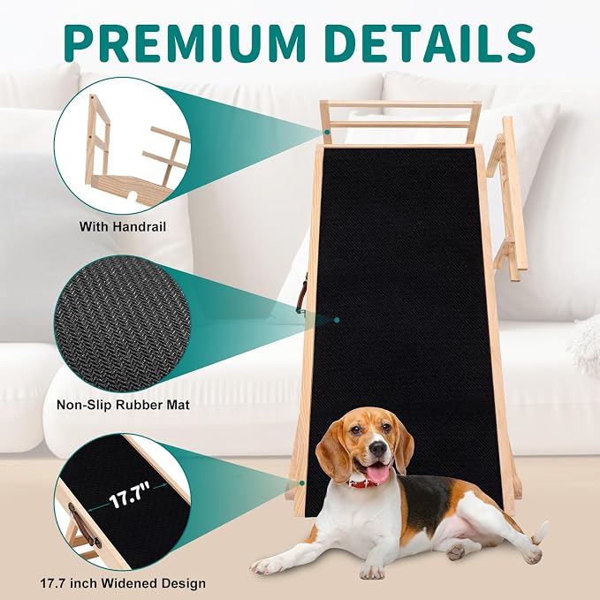 Dog Ramp for Bed & Couch, Foldable Wooden Pet Ramp, 5 Adjustable Heights | Height up to 27.5", Portable Dog Ramp with Non-Slip Rubber Surface & Safety Railings, Pet Ramp for Small, Large, Senior Dogs