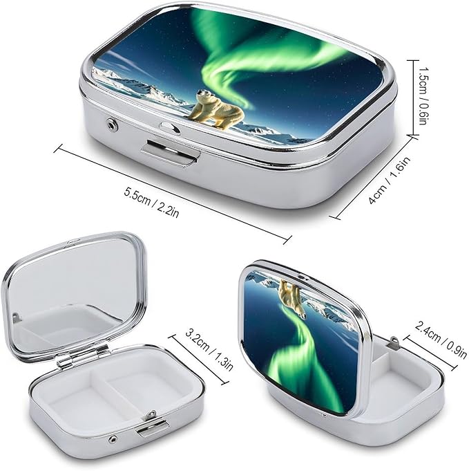 Northern Lights Polar Bear Pill Box 2 Compartment Medicine Pill Case Portable Pill Organizer for Pocket Or Purse Decorative Metal Medicine Vitamin Organizer