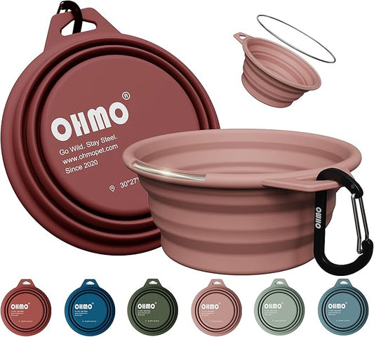 OHMO Collapsible Dog Water Bowls w/Built-in Stainless Steel Ring – 2pcs Small 12oz/400ml Portable Silicone Pet Feeding Bowl for Hiking, Camping, Travel