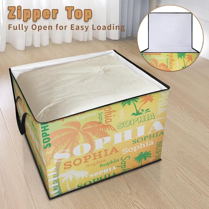 Personalized Extra Large Storage Basket with Lid, Comforters, Orange Green Palm Trees Yellow Background Bedding Storage Bin for Home, Collapsible Basket for Clothes, Moving, Car Trunk