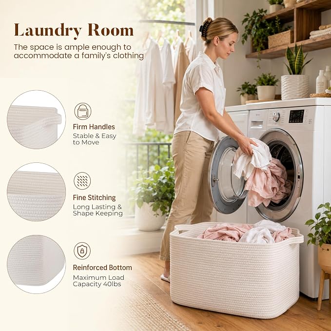 65L Large Woven Blanket Basket for Living Room, 19.7"x15.7"x11.8" | Nursery Laundry Hamper with Handle for Organizing Blankets, Pillows, Toy Storage With Handle, Large Baskets for Organizing