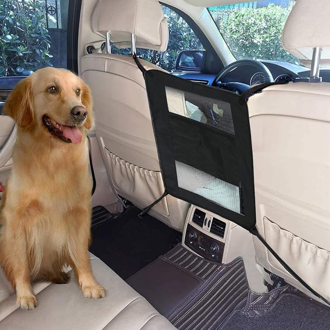 Dog Pet Net Barrier for Dodge Charger SRT Hellcat Scat Pack 2015-2023, Pet Safety Net with Storage Pockets, Prevents Dogs from Jumping to Front Seat, Easy Install