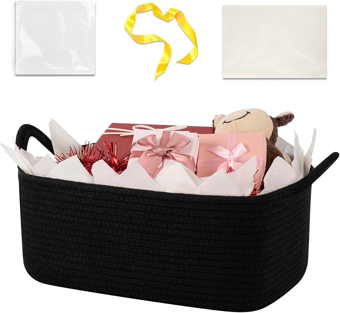 OIASKET Gift Basket Empty with Handle, Small Woven Baskets for Gifts Empty | 13.6"x10"x5.9", Baby Shower Toy Storage Baskets, Dog Toy Storage for Organizing, with Gift Bag Ribbon Tissue Paper
